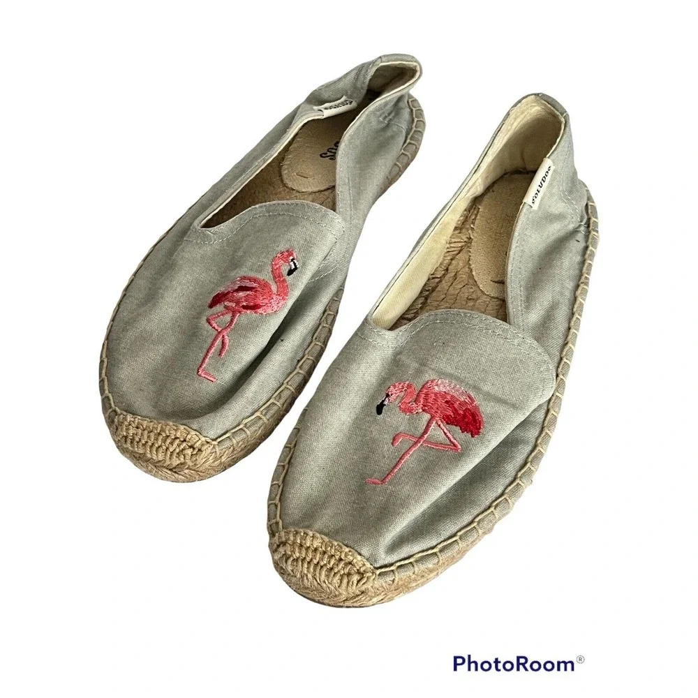 New! SOLUDOS •Women 5.5• Embroidered Flamingo Smoking Slipper Flat Espadrille